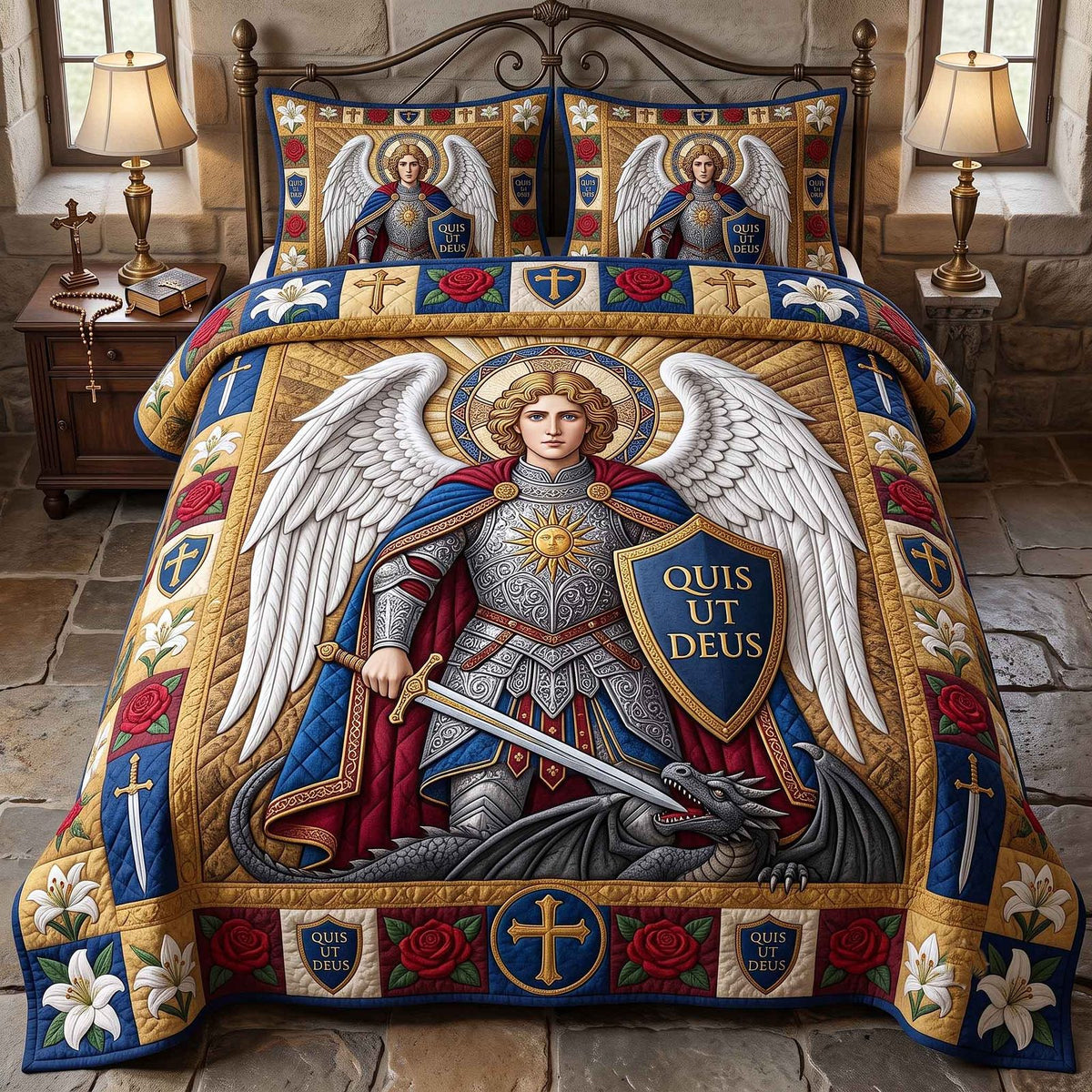 Saint Michael quilted 3-piece bedding set on a made bed with two matching pillow shams