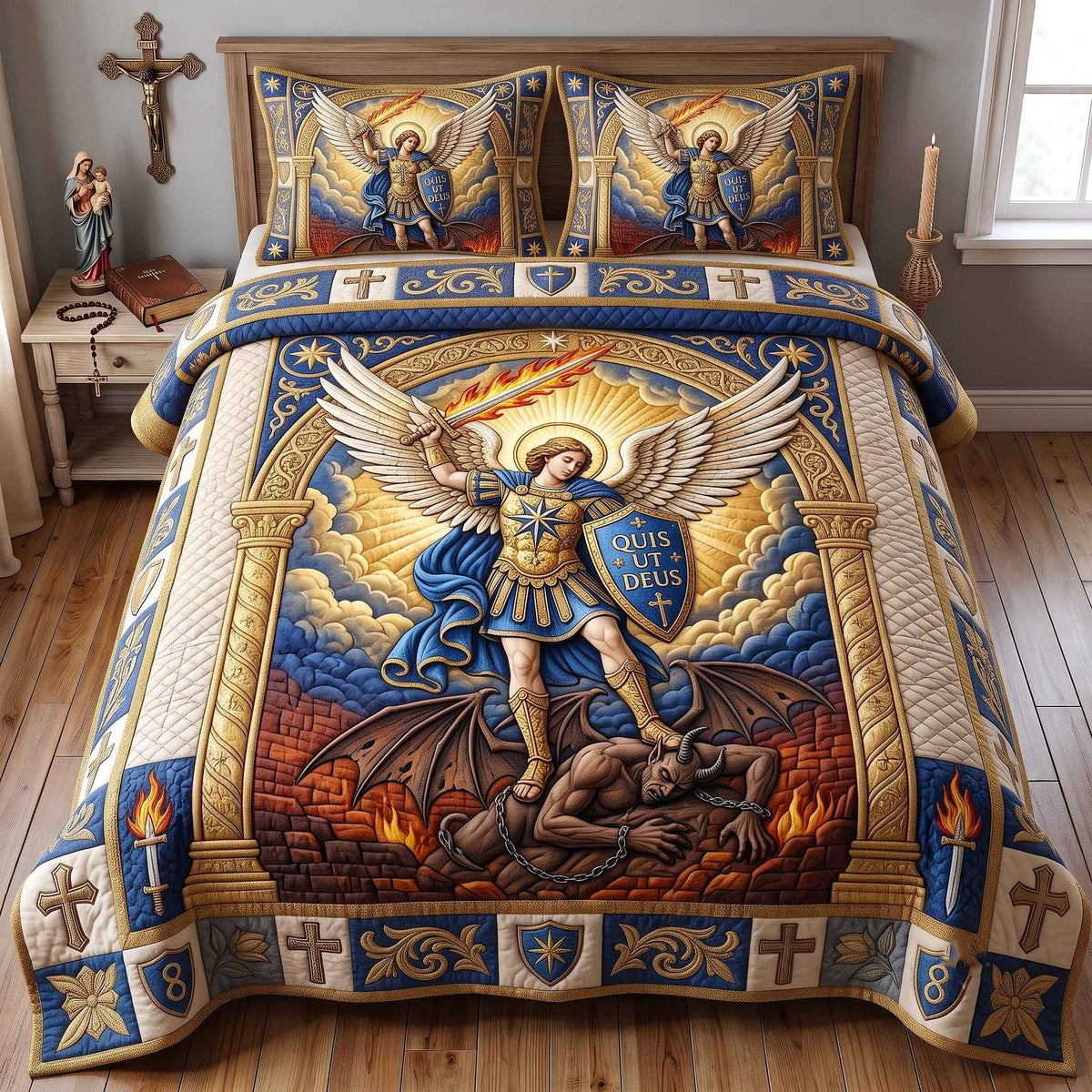 Saint Michael quilted 3-piece bedding set on a made bed with two matching pillow shams