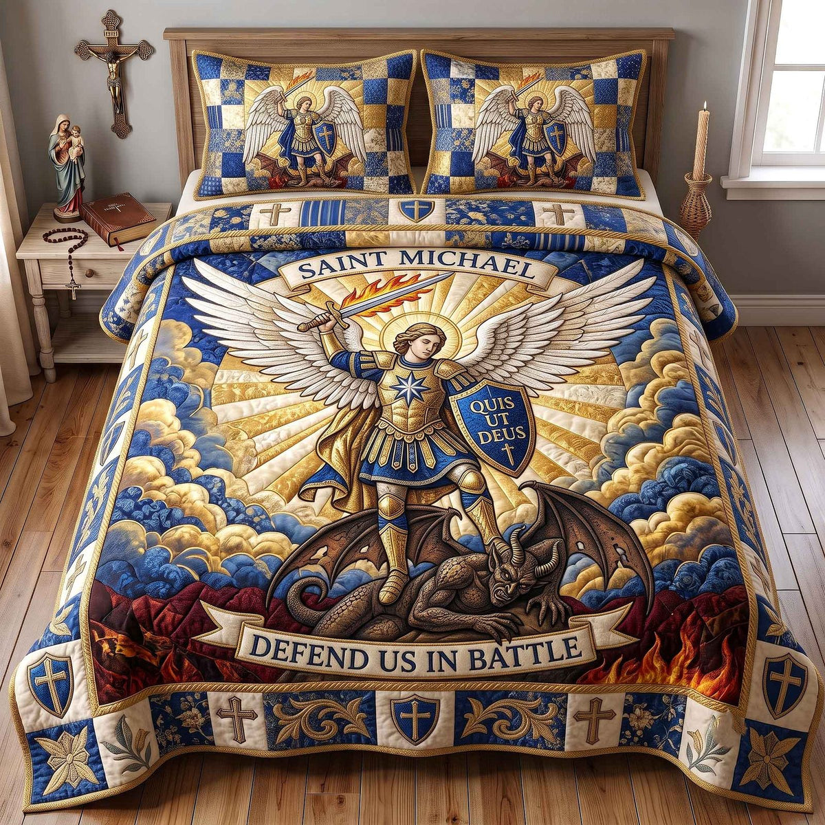 Saint Michael quilted 3-piece bedding set on a made bed with two matching pillow shams