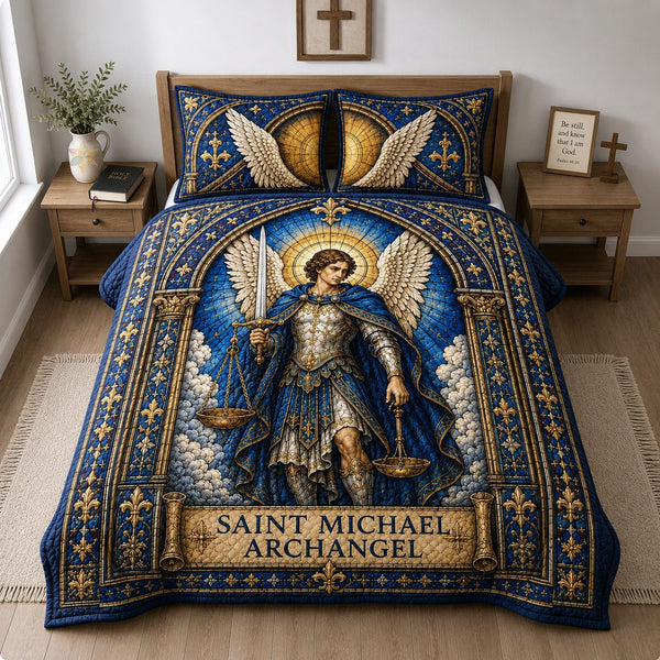 Saint Michael The Archangel Guardian quilted 3-piece bedding set on a made bed in a softly lit bedroom