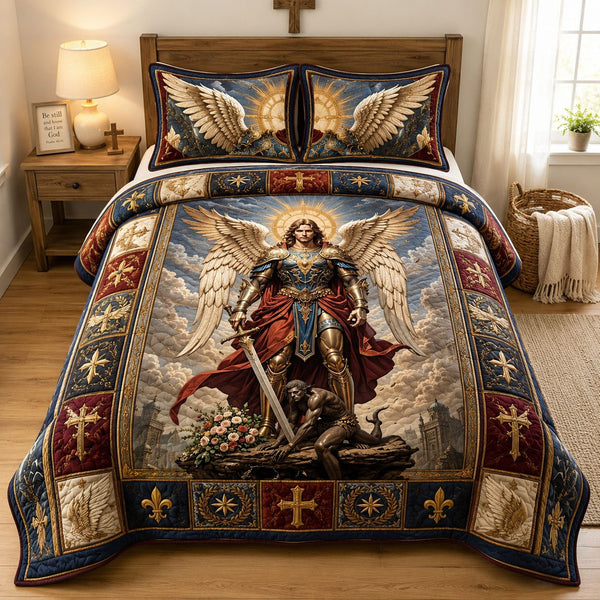 Saint Michael Triumph Over Evil quilted 3-piece bedding set on a made bed with two matching pillow shams