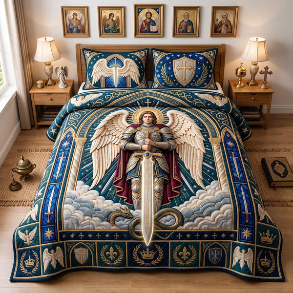 Saint Warrior quilted 3-piece bedding set on a made bed with two matching pillow shams