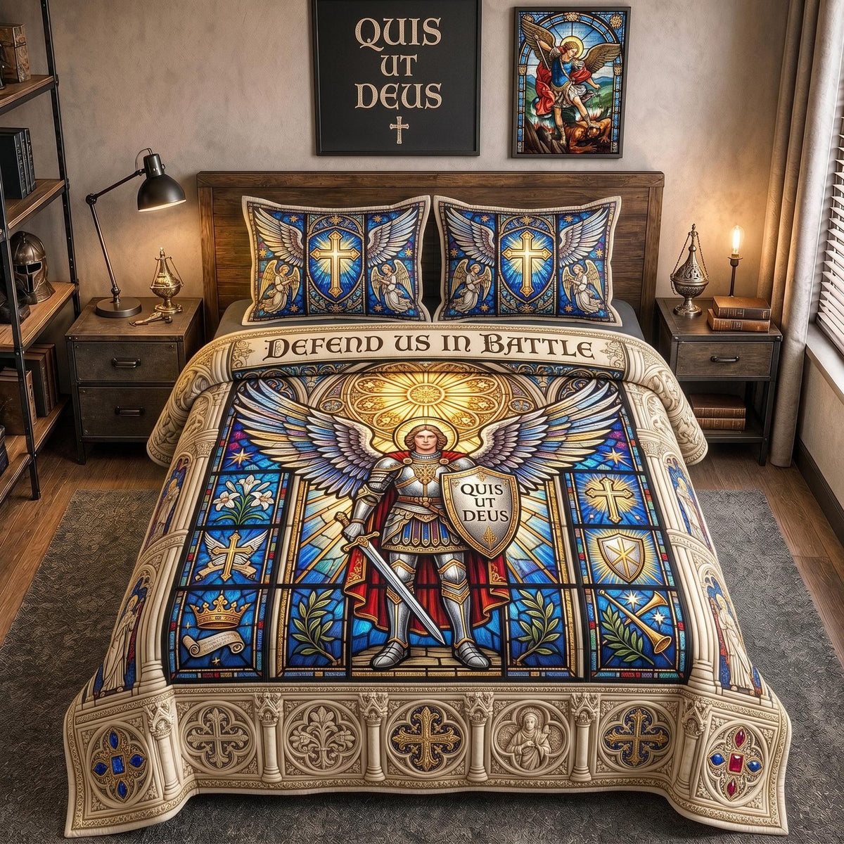 Saint Warrior quilted 3-piece bedding set on a made bed with two matching pillow shams