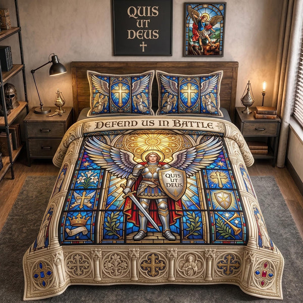 Saint Warrior quilted 3-piece bedding set on a made bed with two matching pillow shams
