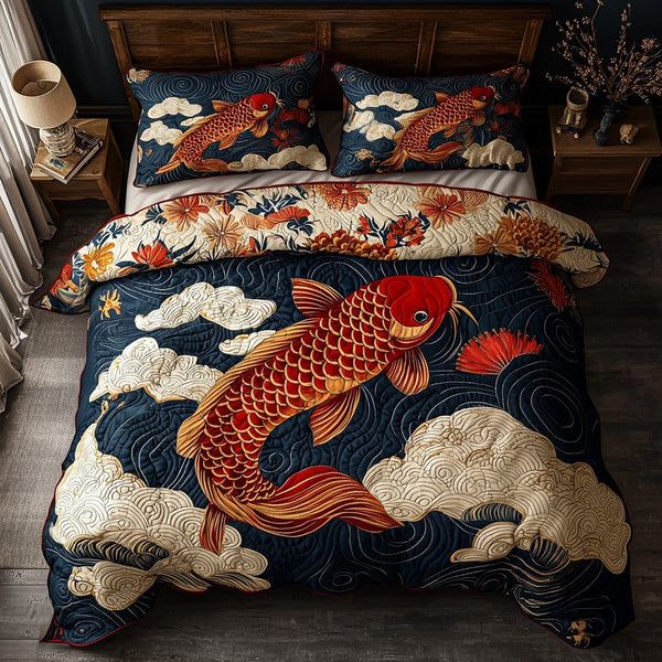 Sakura Swim quilted 3-piece bedding set on a made bed with two matching pillow shams
