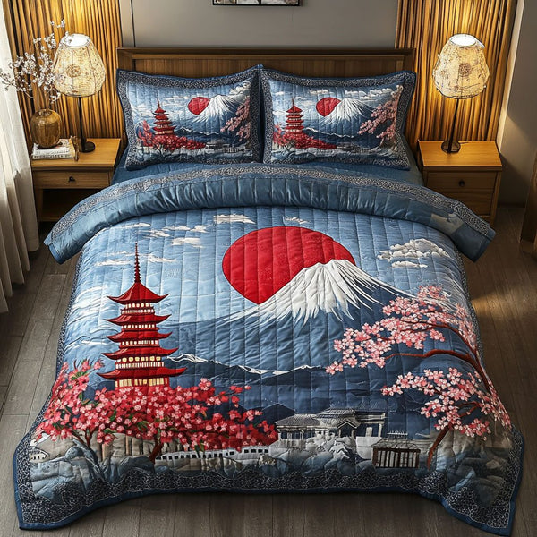 Sakura View quilted 3-piece bedding set on a made bed with two matching pillow shams