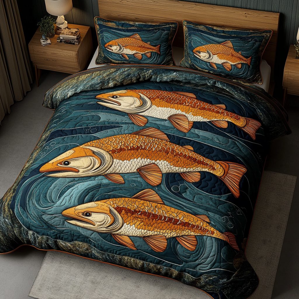 Salmon Run quilted 3-piece bedding set on a made bed with two matching pillow shams