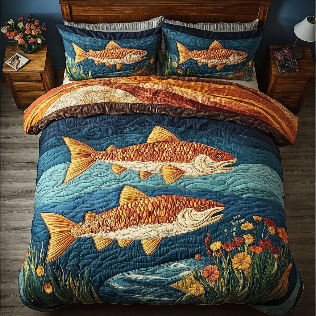 Salmon Tide quilted 3-piece bedding set on a made bed in a light coastal bedroom