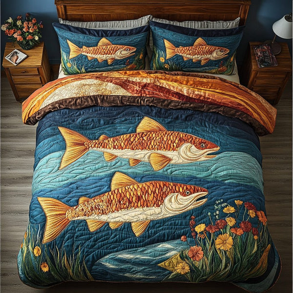 Salmon Tide quilted 3-piece bedding set on a made bed in a light coastal bedroom