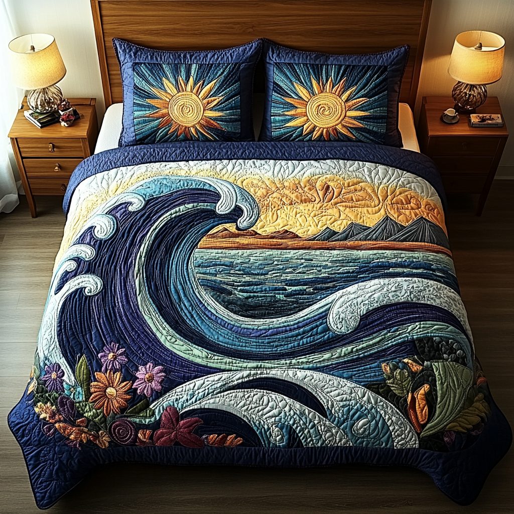 Salt Serenity quilted 3-piece bedding set on a made bed with two matching pillow shams
