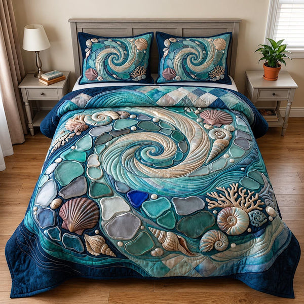 Salt Whisper quilted 3-piece bedding set on a made bed with two matching pillow shams