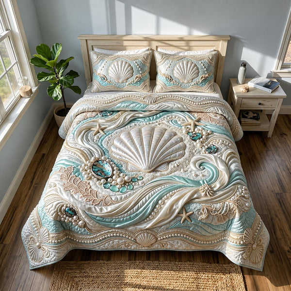 Salt Whisper quilted 3-piece bedding set on a made bed with two matching pillow shams