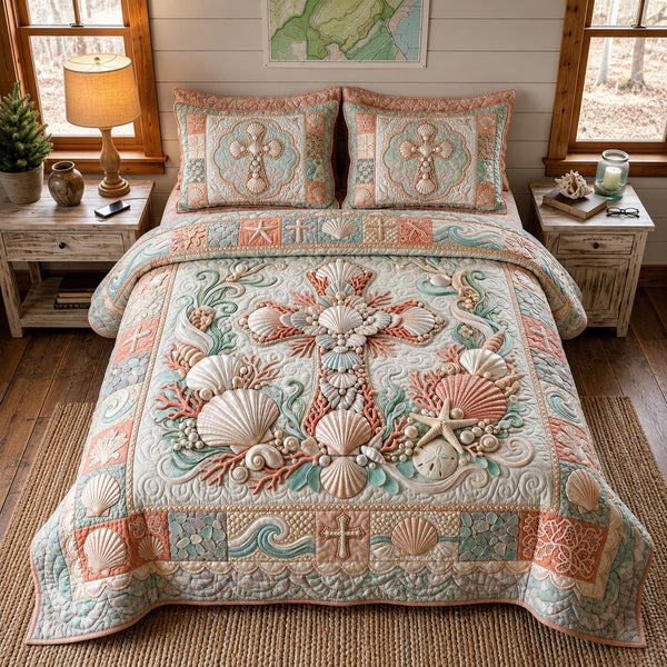Salt Whisper quilted 3-piece bedding set on a made bed with two matching pillow shams