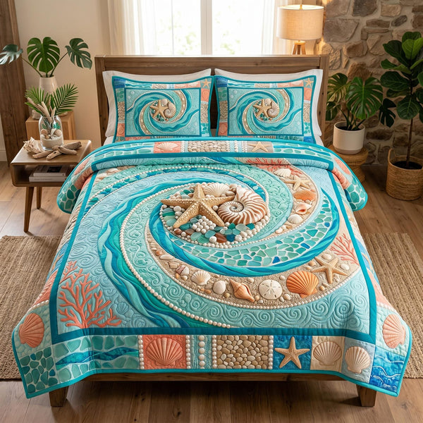 Salt Whisper quilted 3-piece bedding set on a made bed with two matching pillow shams