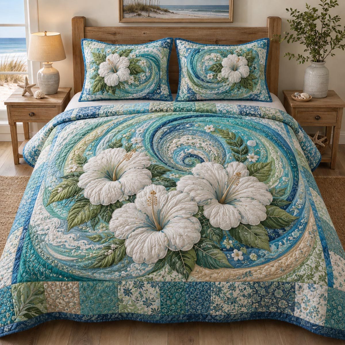 Saltwater Dreams quilted 3-piece bedding set on a made bed with two matching pillow shams