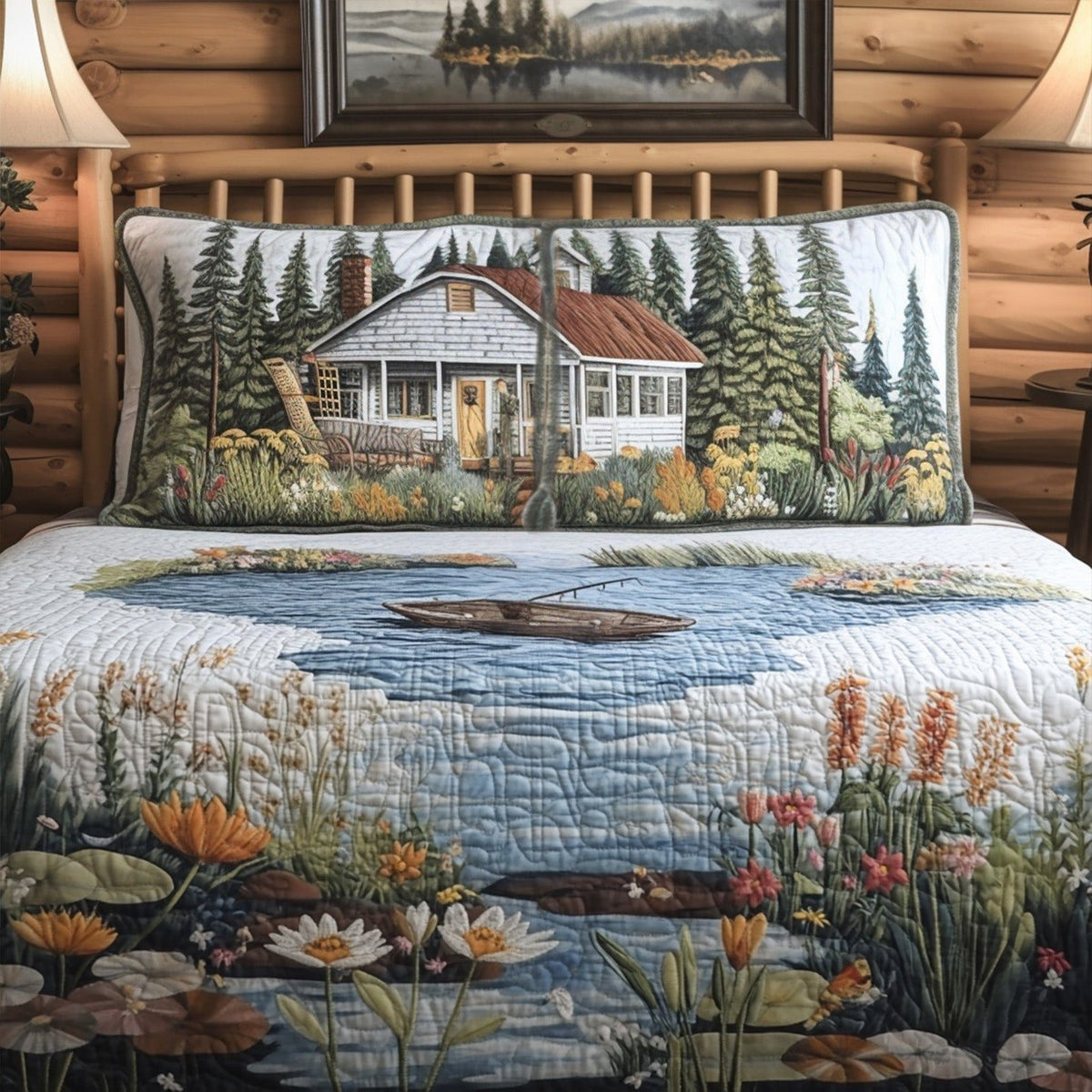 Saltwater Sanctuary quilted 3-piece bedding set on a made bed with two matching pillow shams