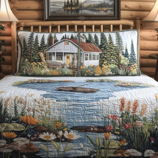 Saltwater Sanctuary quilted 3-piece bedding set on a made bed with two matching pillow shams