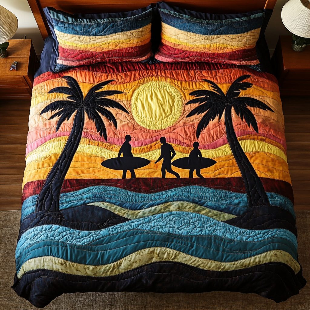 Saltwater Soul quilted 3-piece bedding set on a made bed with two matching pillow shams