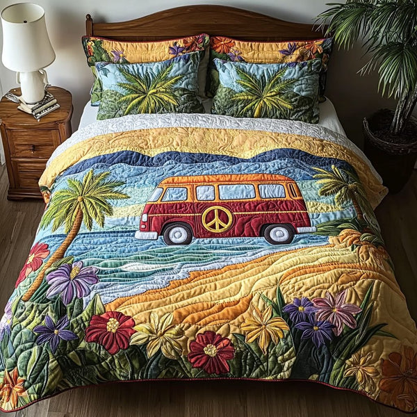 Saltwater Soul quilted 3-piece bedding set on a made bed with two matching pillow shams