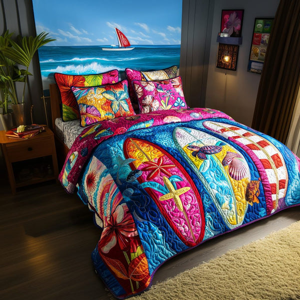 Salty Air quilted 3-piece bedding set on a made bed with two matching pillow shams