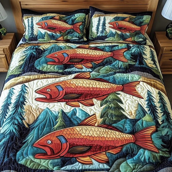 Salty Kiss quilted 3-piece bedding set on a made bed with two matching pillow shams