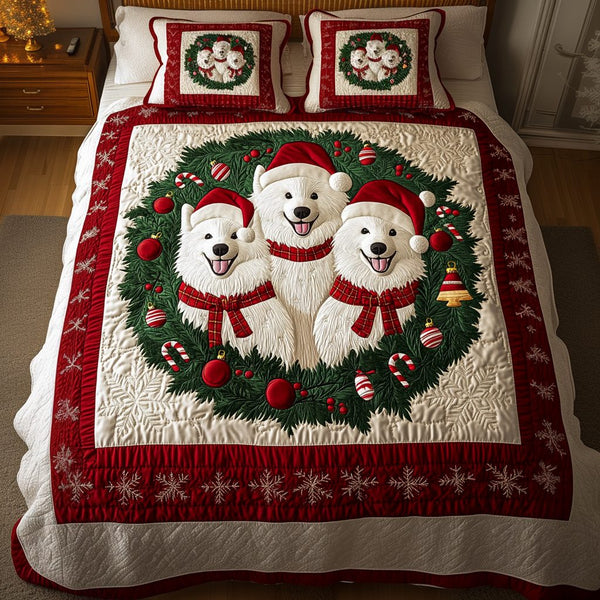 Samoyed Cheer quilted 3-piece bedding set on a made bed with two matching pillow shams