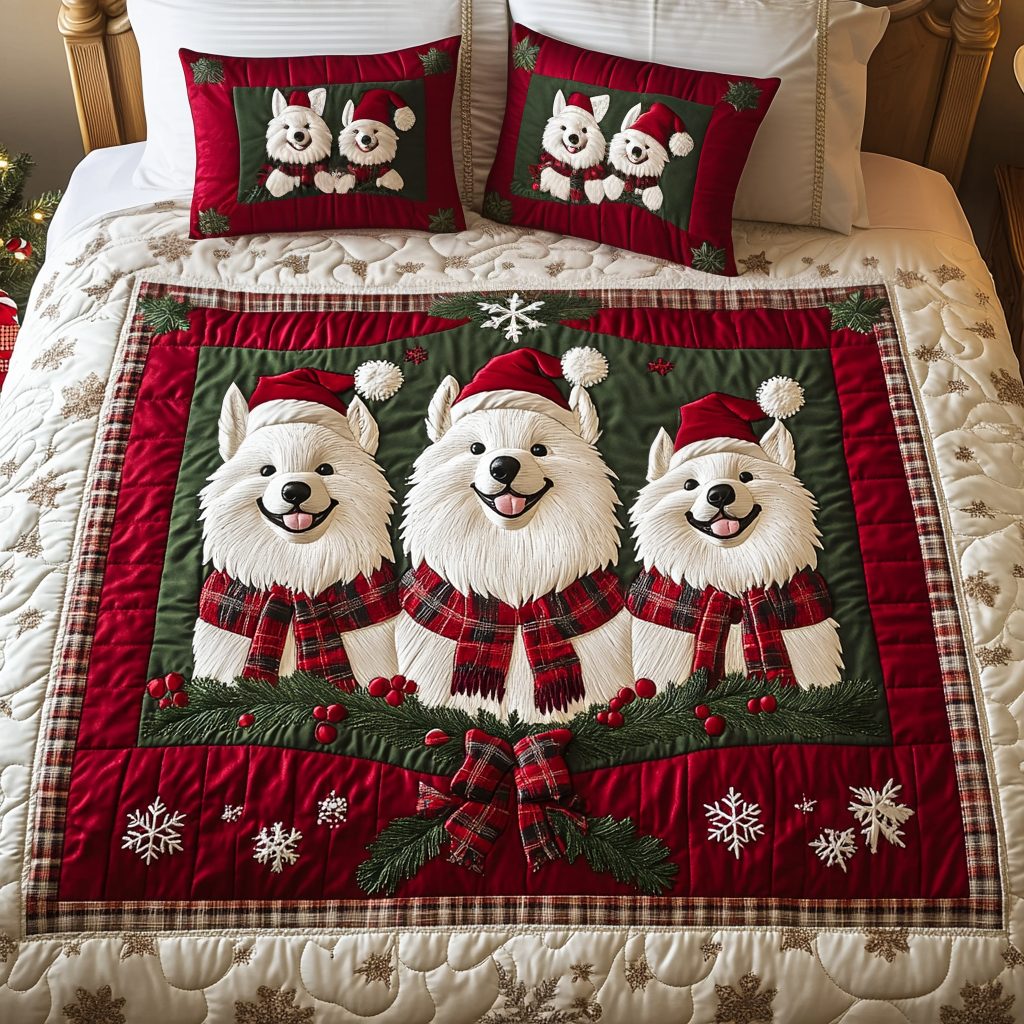 Samoyed Joy quilted 3-piece bedding set on a made bed with two matching pillow shams