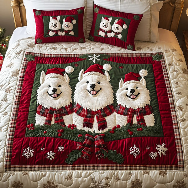 Samoyed Joy quilted 3-piece bedding set on a made bed with two matching pillow shams