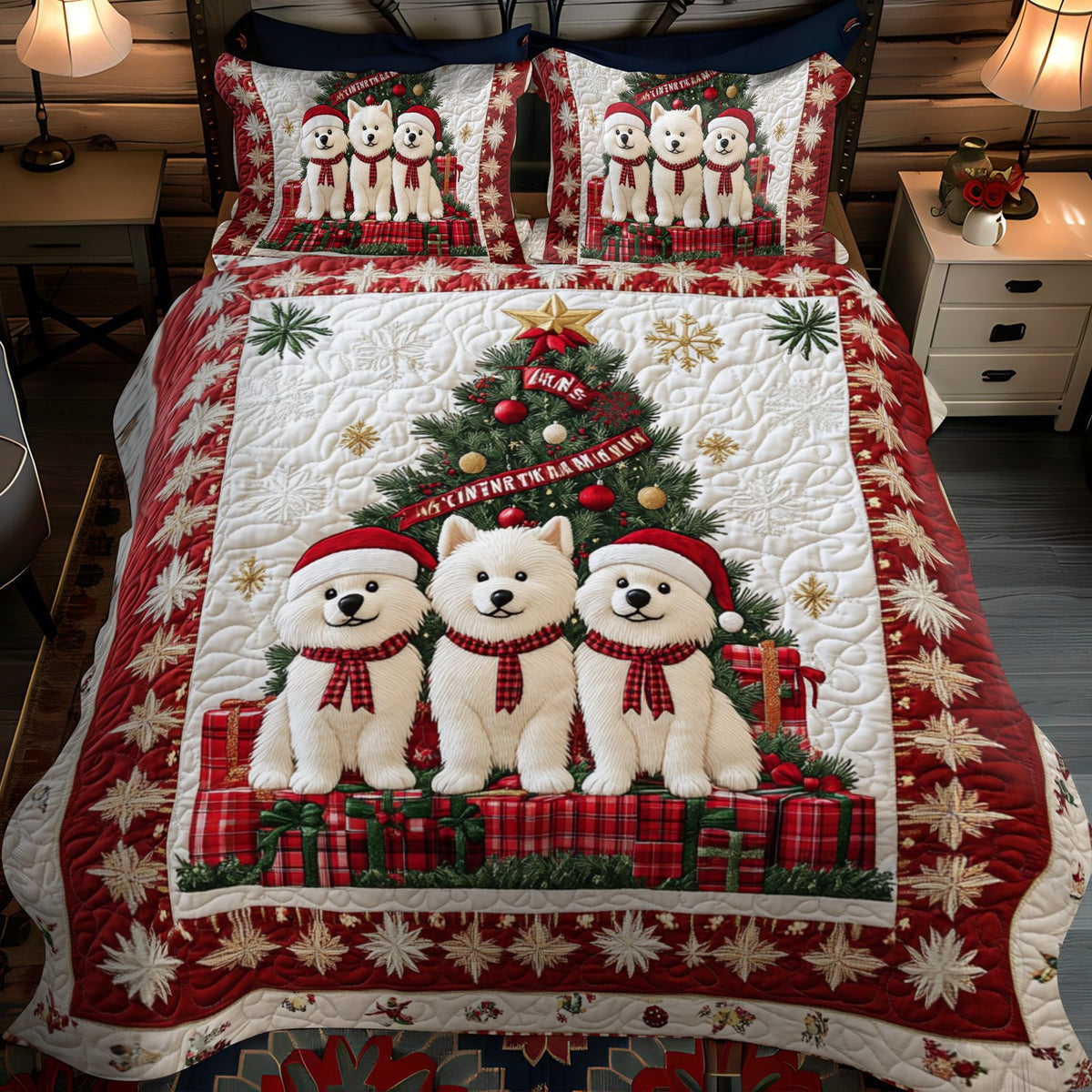 Samoyed Love quilted 3-piece bedding set on a made bed with two matching pillow shams