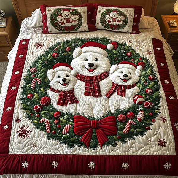 Samoyed Whimsy quilted 3-piece bedding set on a made bed with two matching pillow shams