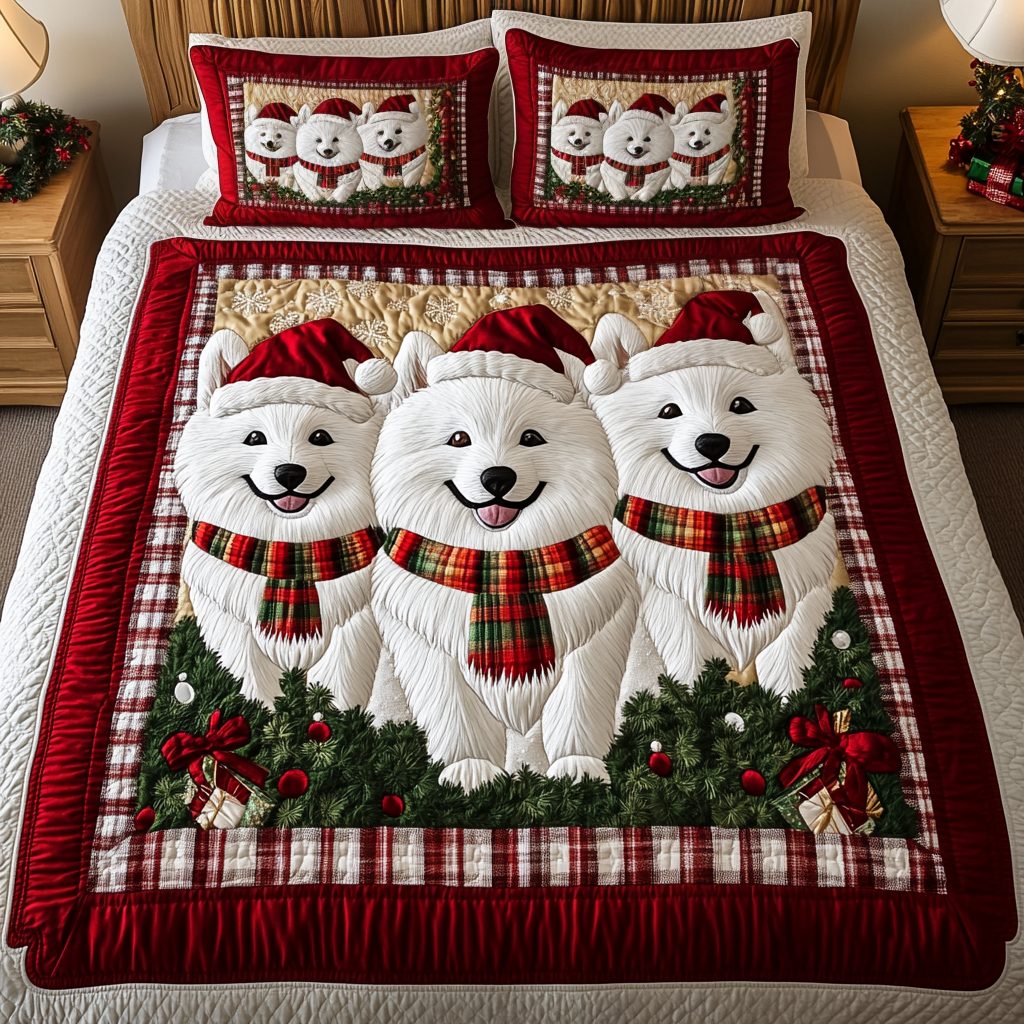 Samoyed Wonder quilted 3-piece bedding set on a made bed with two matching pillow shams