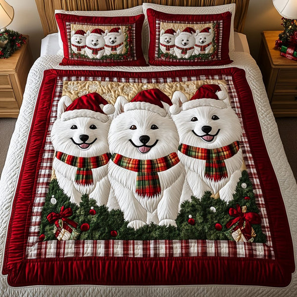 Samoyed Wonder quilted 3-piece bedding set on a made bed with two matching pillow shams