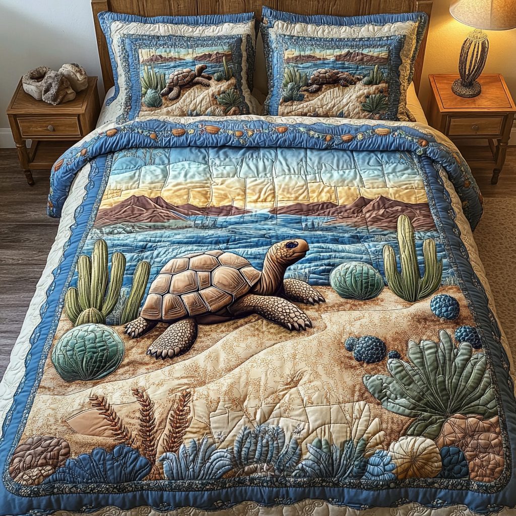 Sand Shell quilted 3-piece bedding set on a made bed in a light coastal bedroom