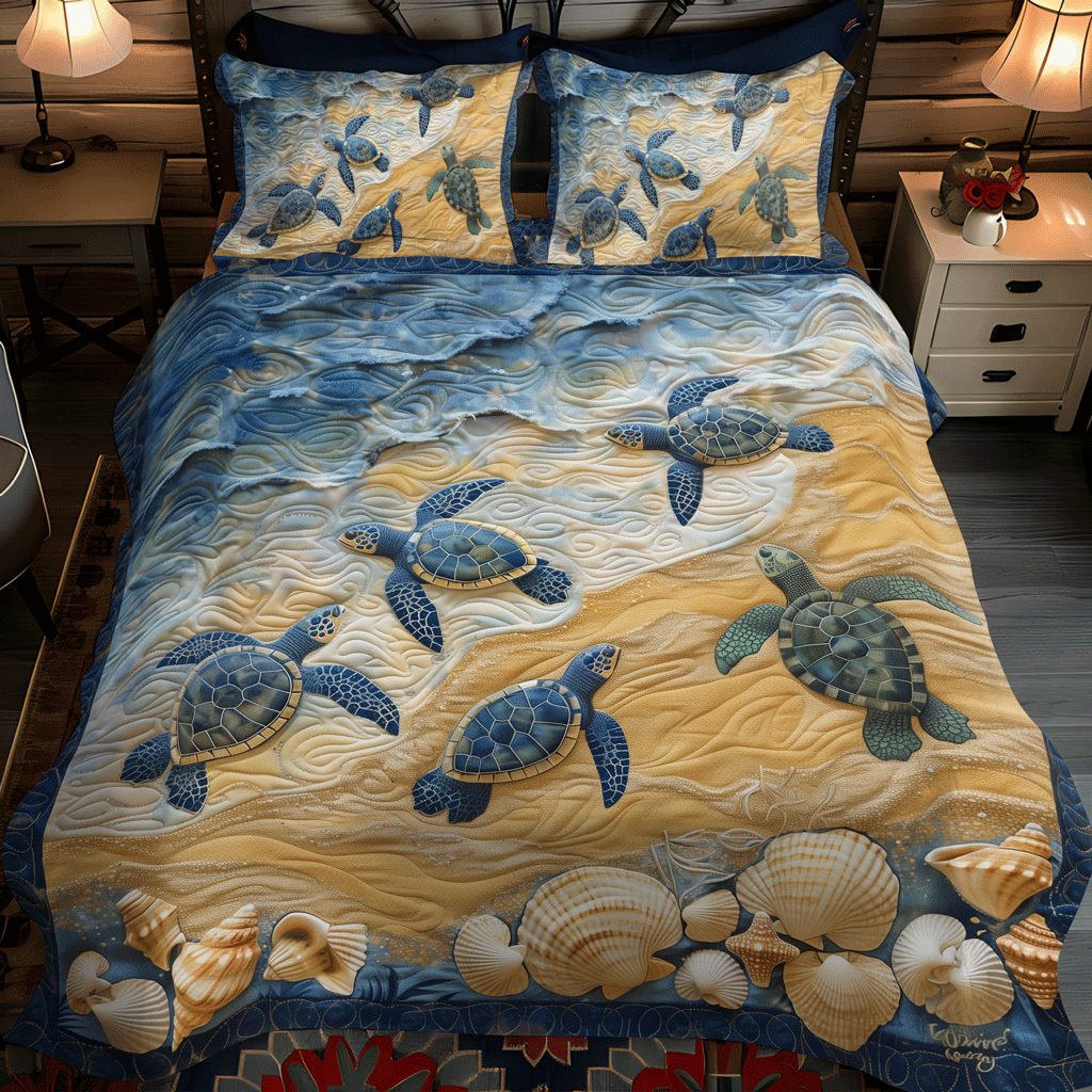 Sand to Sea quilted 3-piece bedding set on a made bed in a light coastal bedroom