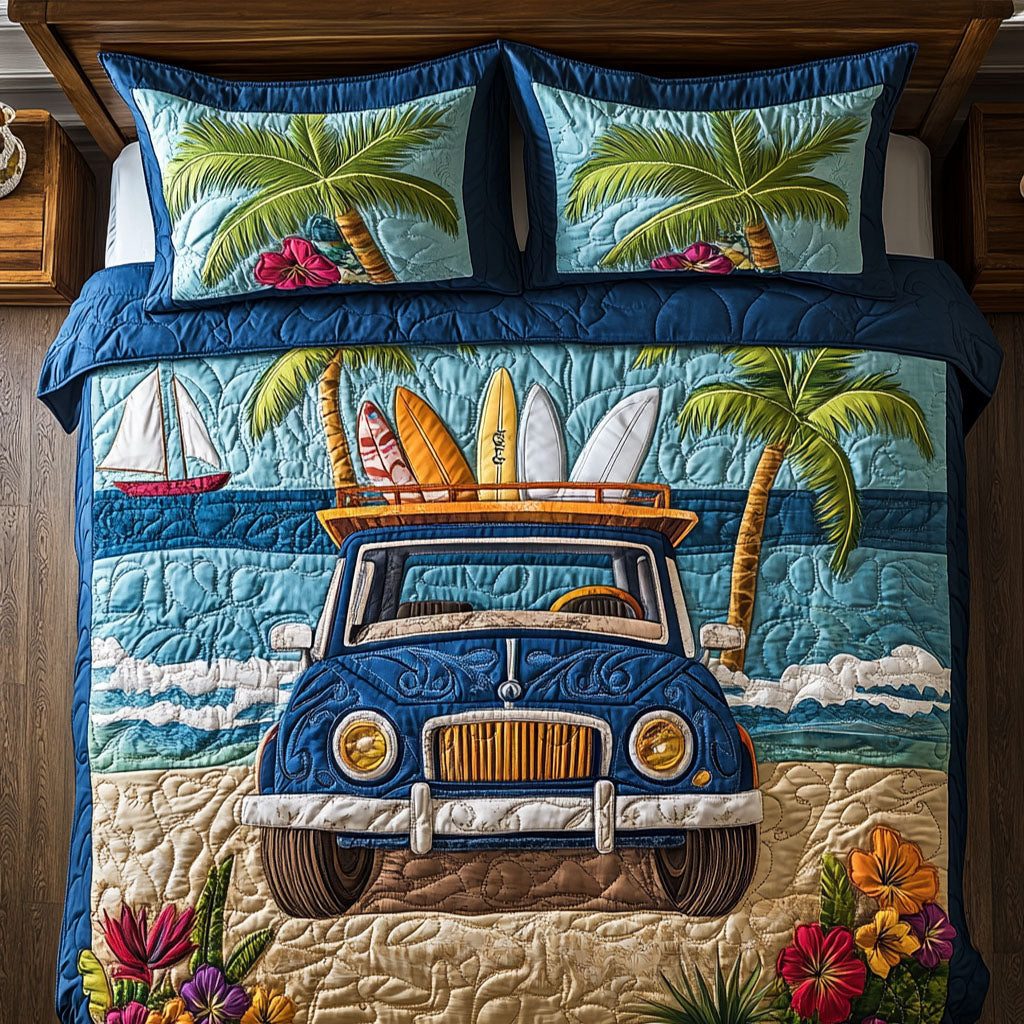 Sandbound Classic quilted 3-piece bedding set on a made bed in a farmhouse bedroom
