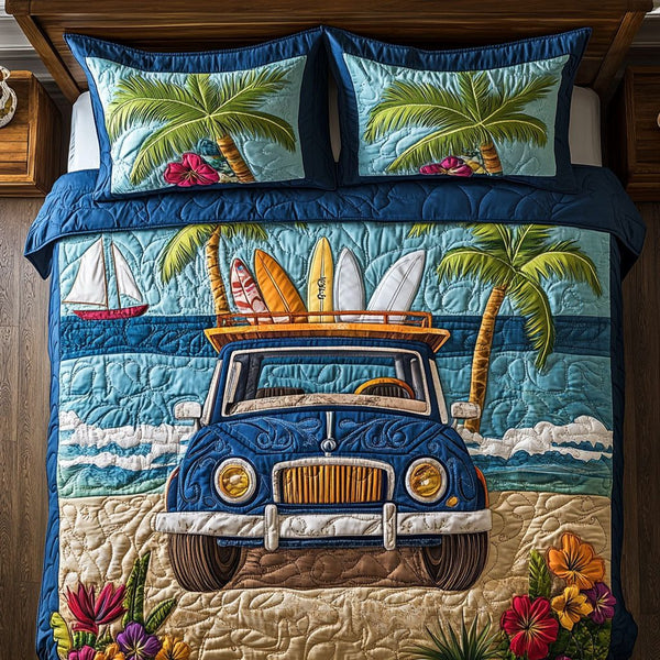 Sandbound Classic quilted 3-piece bedding set on a made bed in a farmhouse bedroom