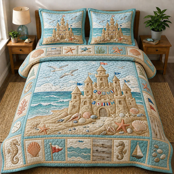 Sandcastle By The Sea quilted 3-piece bedding set on a made bed in a light coastal bedroom