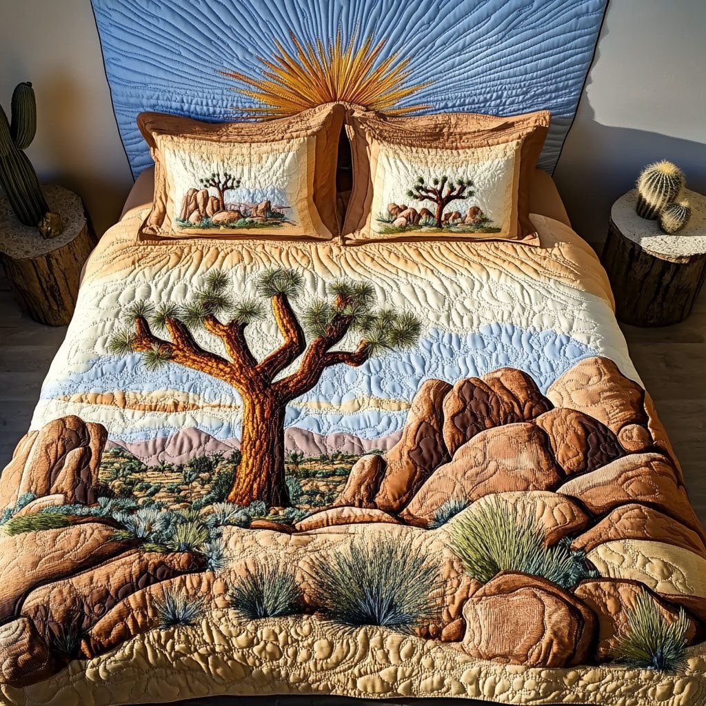 Sandstone Serenity quilted 3-piece bedding set on a made bed with two matching pillow shams