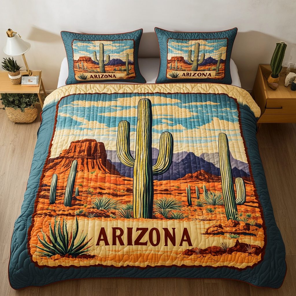 Sandstone Serenity quilted 3-piece bedding set on a made bed with two matching pillow shams