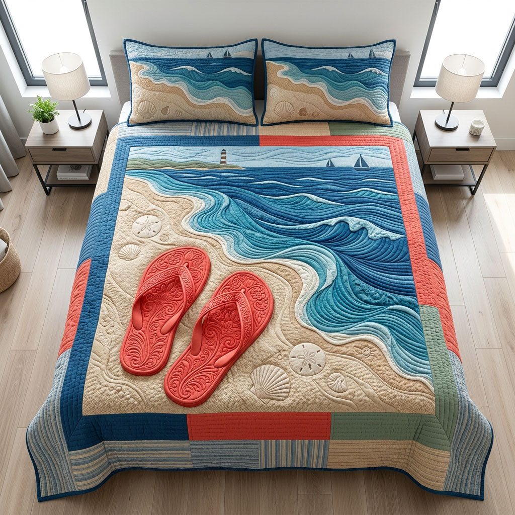 Sandy Flip Flops quilted 3-piece bedding set on a made bed with two matching pillow shams