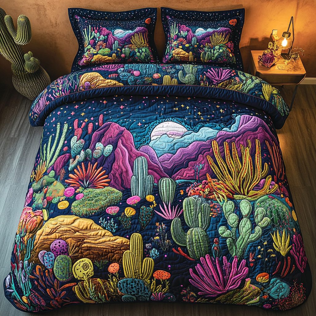 Sandy Horizons quilted 3-piece bedding set on a made bed with two matching pillow shams