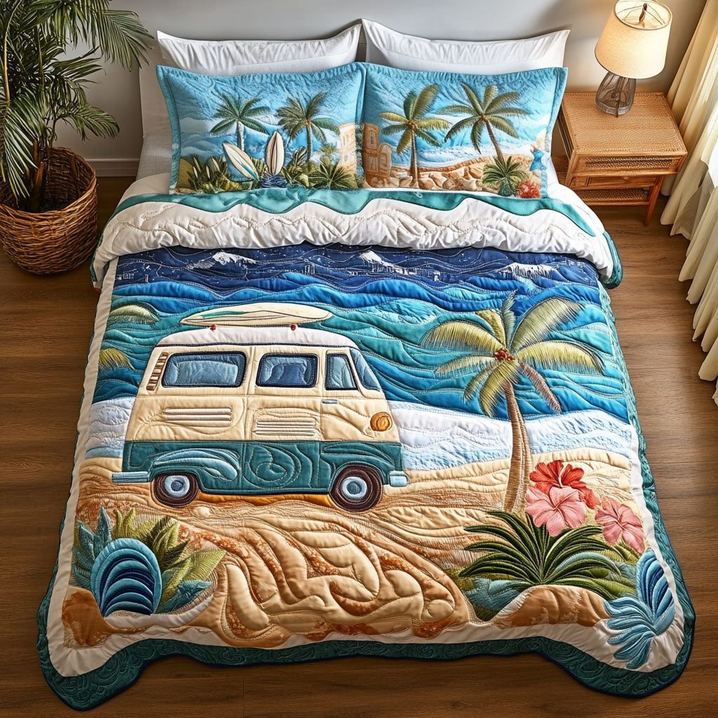 Sandy Road Journey quilted 3-piece bedding set on a made bed with two matching pillow shams