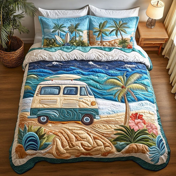 Sandy Road Journey quilted 3-piece bedding set on a made bed with two matching pillow shams