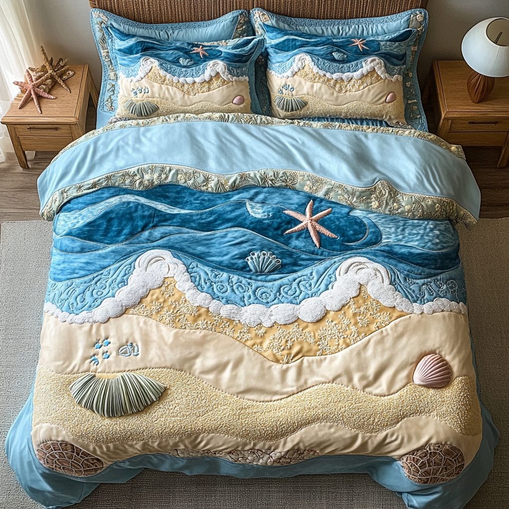 Sandy Serenity quilted 3-piece bedding set on a made bed with two matching pillow shams