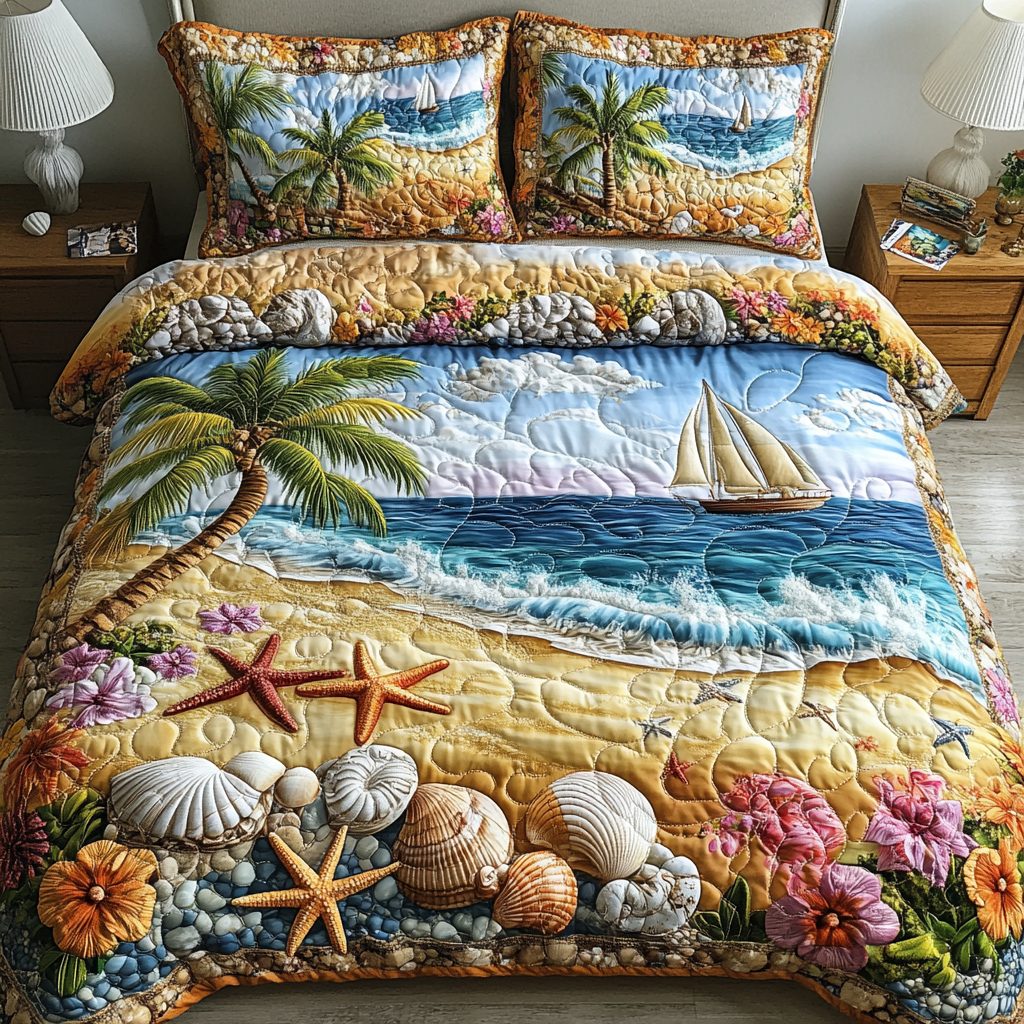 Sandy Shore quilted 3-piece bedding set on a made bed in a light coastal bedroom
