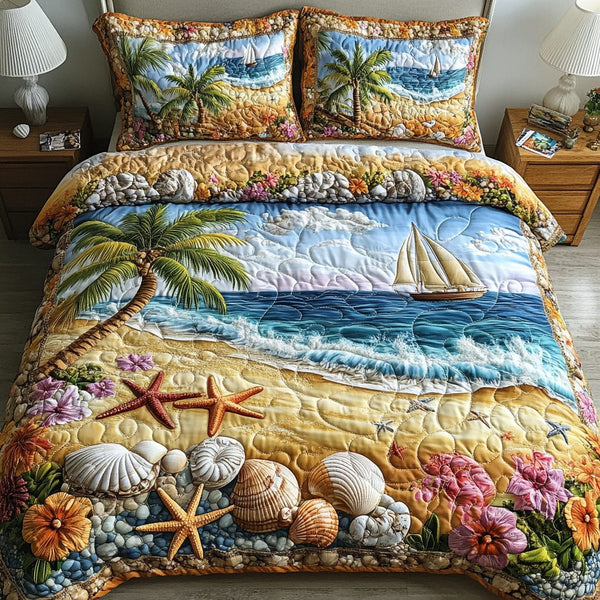Sandy Shore quilted 3-piece bedding set on a made bed in a light coastal bedroom