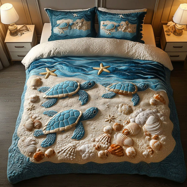 Sandy Shores quilted 3-piece bedding set on a made bed in a light coastal bedroom
