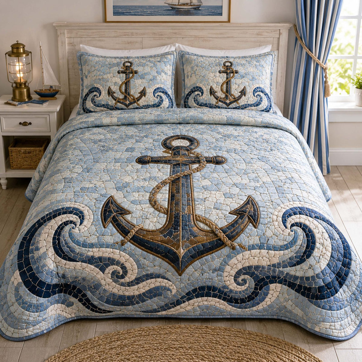 Sandy Shores quilted 3-piece bedding set on a made bed in a light coastal bedroom
