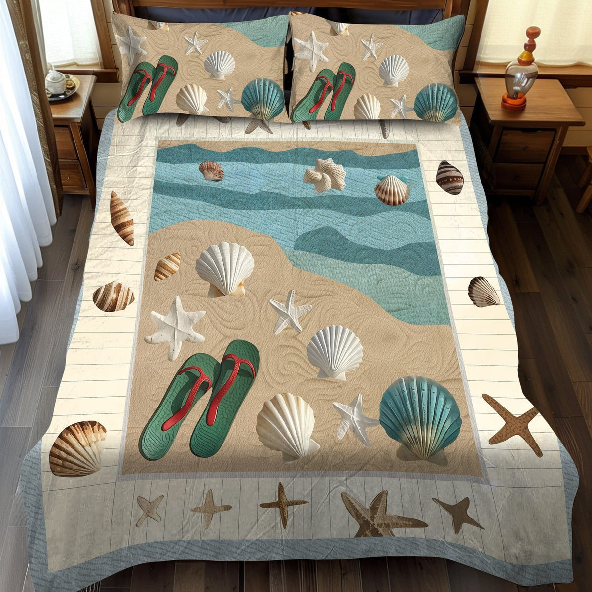 Sandy Shores quilted 3-piece bedding set on a made bed in a light coastal bedroom