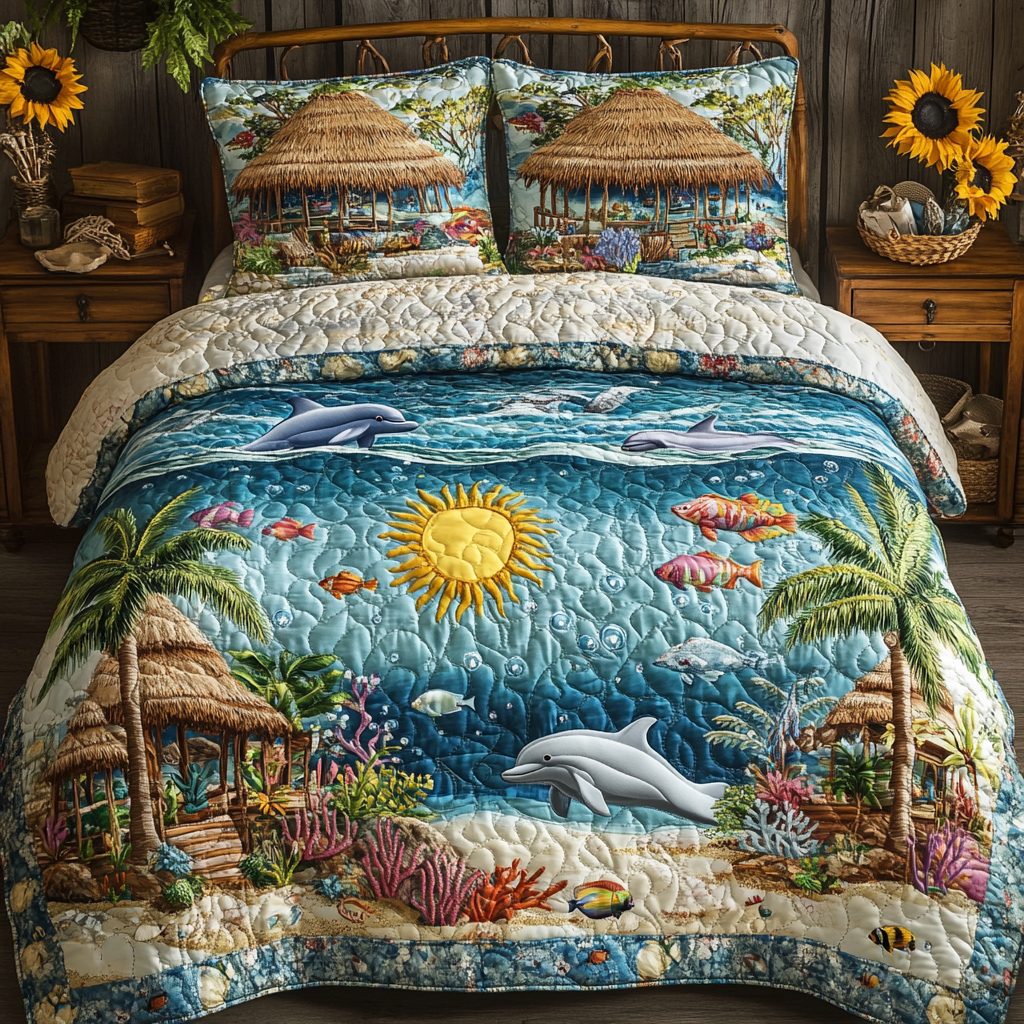 Sandy Shores quilted 3-piece bedding set on a made bed in a light coastal bedroom